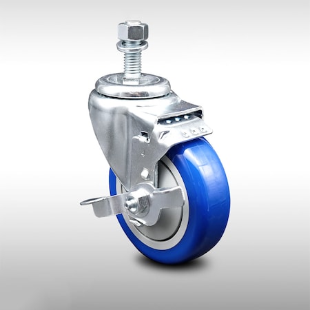 Service Caster 4 Inch SS Blue Polyurethane Wheel Swivel 1/2 Inch Threaded Stem Caster with Brake SCC-SSTS20S414-PPUB-BLUE-TLB-121315